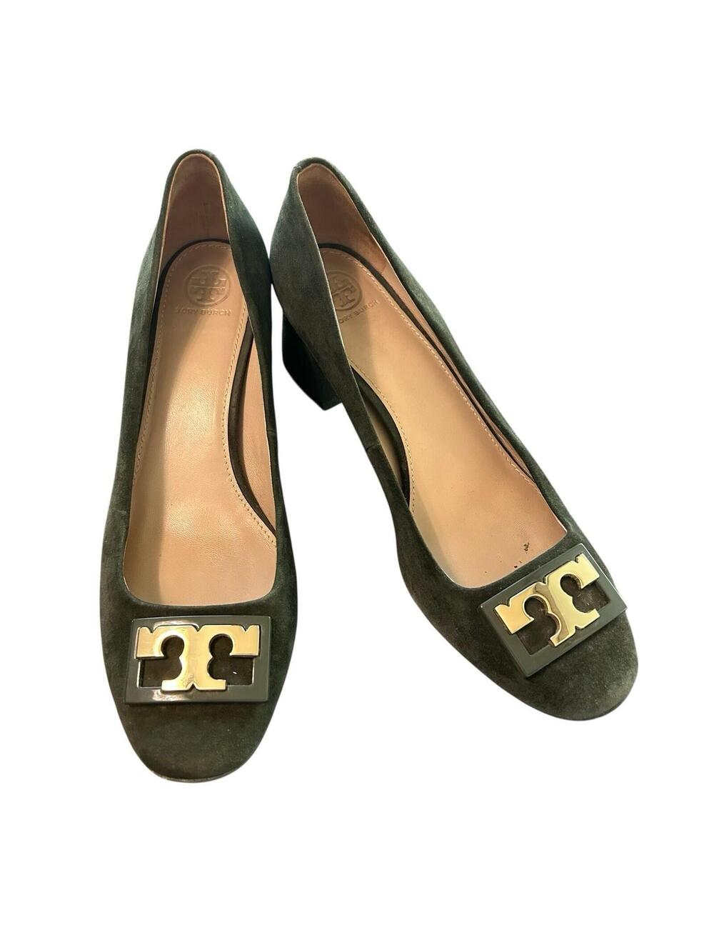 Tory Burch Gigi Suede Block Heel Pumps Green Gold Logo Shoes 10.5
